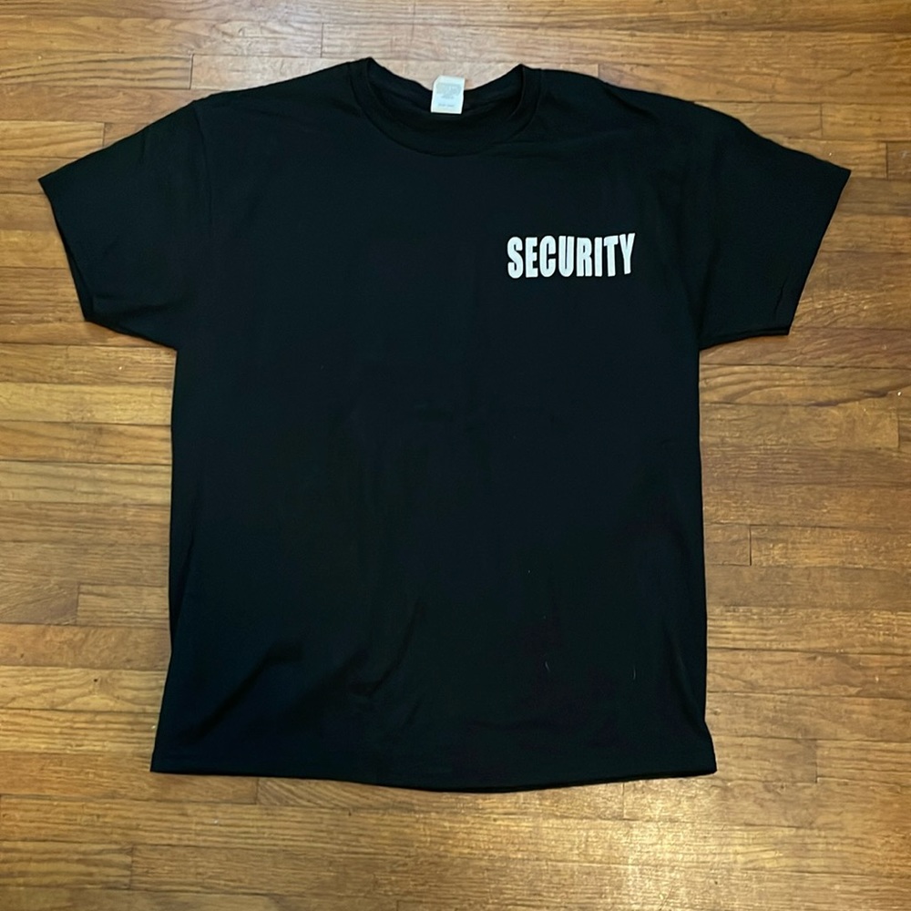 Black men’s T-shirt size large graphic design on front and back
